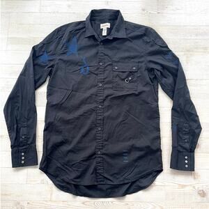 Men's Black Button-Front Shirt with Blue Star Accents